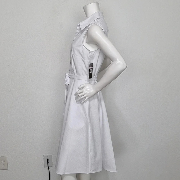 Sharagano NEW Optic White Preppy Coastal Tie Waist Button Front Midi Dress Sz. 6 - Picture 9 of 13